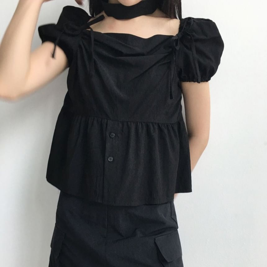 Puff Sleeve Square-Neck Peplum Blouse