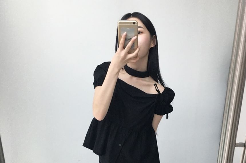 Puff Sleeve Square-Neck Peplum Blouse