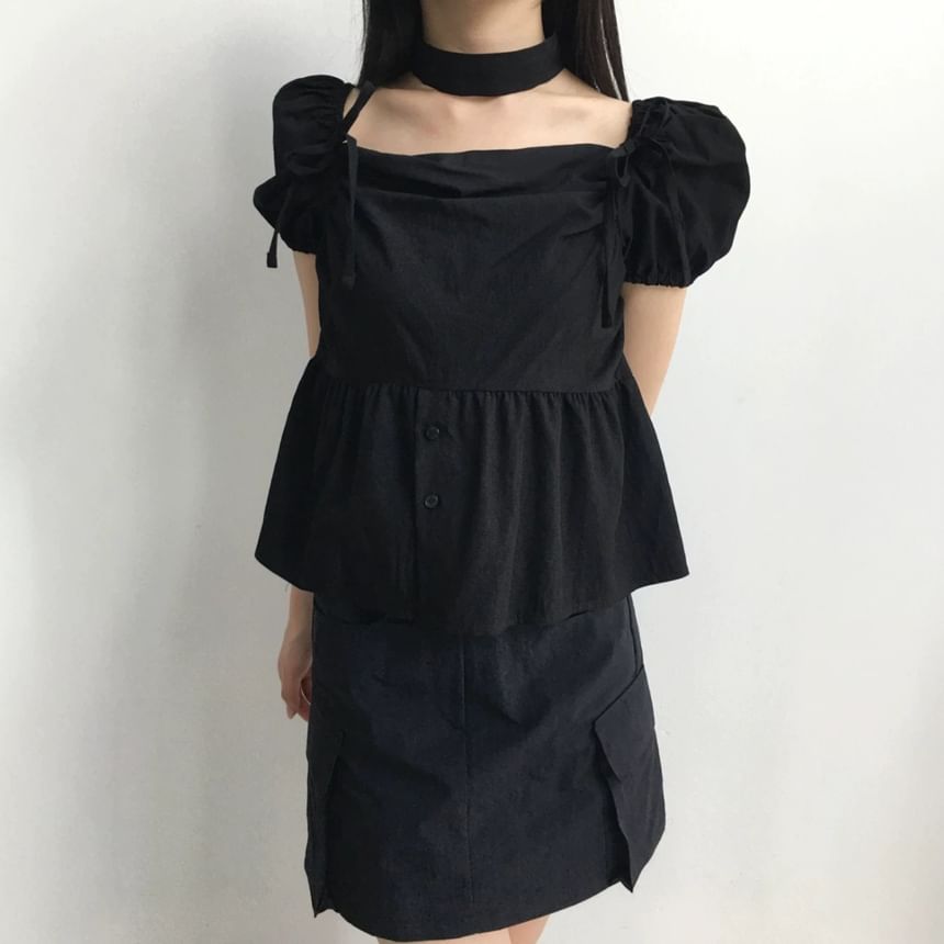 Puff Sleeve Square-Neck Peplum Blouse