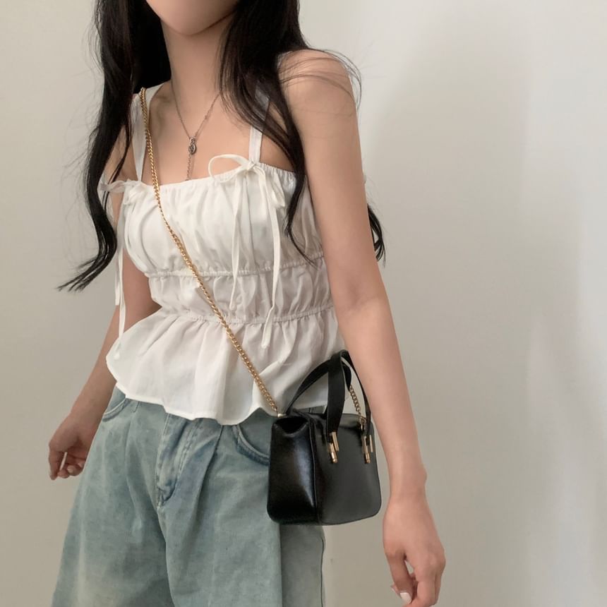 Ruched Peplum Square Neck Tie Strap Tank Top