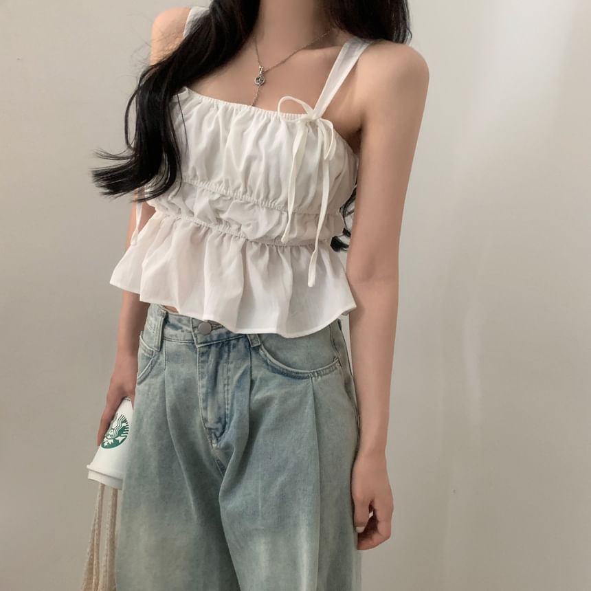 Ruched Peplum Square Neck Tie Strap Tank Top