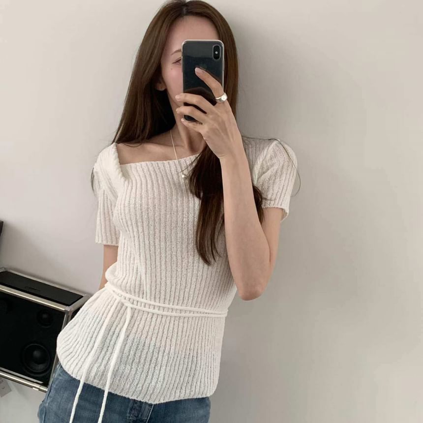 Asymmetric Neckline Ribbed Knit Slim-Fit Short Sleeve Top