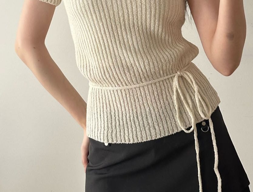 Asymmetric Neckline Ribbed Knit Slim-Fit Short Sleeve Top