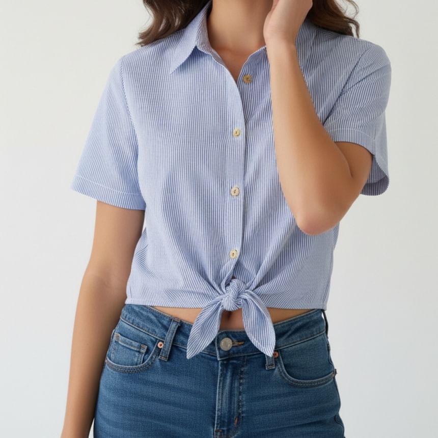 Short Sleeve Striped Knotted Crop Shirt
