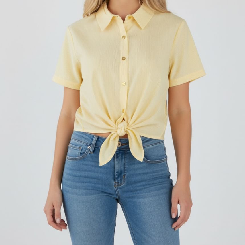 Short Sleeve Striped Knotted Crop Shirt