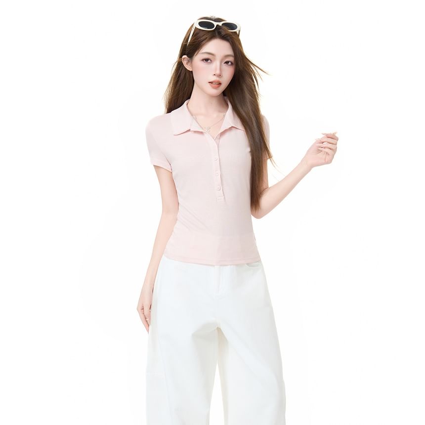 Short Sleeve Half Button Plain Slim Fit Polo Top
