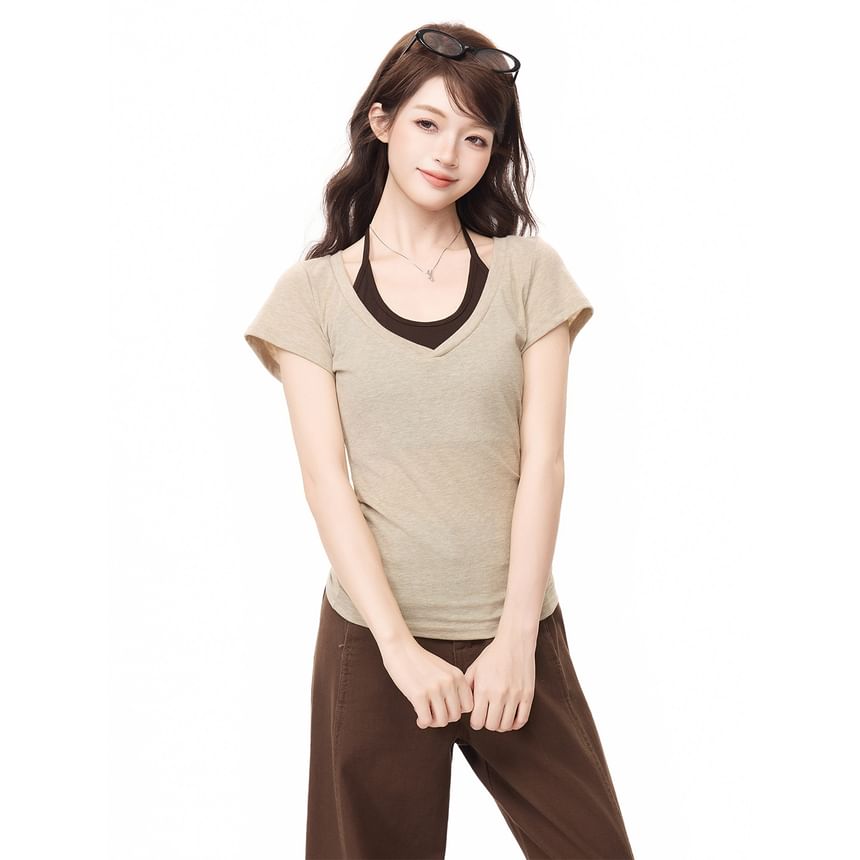 Short Sleeve V Neck Plain Slim Fit Top Halter Neck Camisole