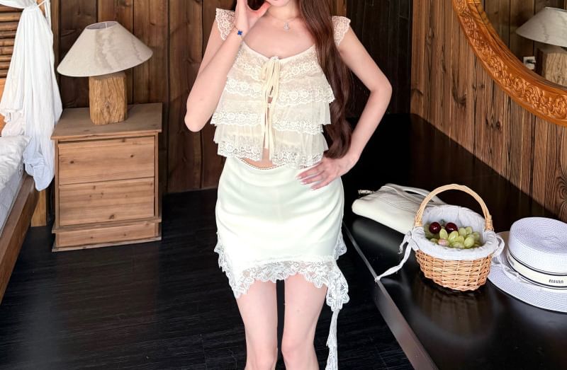 Sleeveless Tie Neck Plain Tiered Panel Lace Crop Top / High Waist Asymmetrical Mini Pencil Skirt