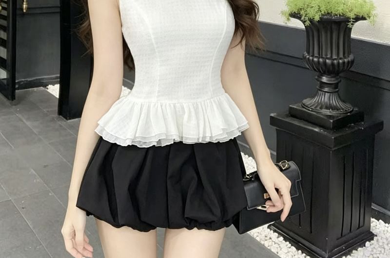 Sleeveless Mock Neck Plain Bow Ruffle Top / High Waist Plain Mini A-Line Balloon Skirt