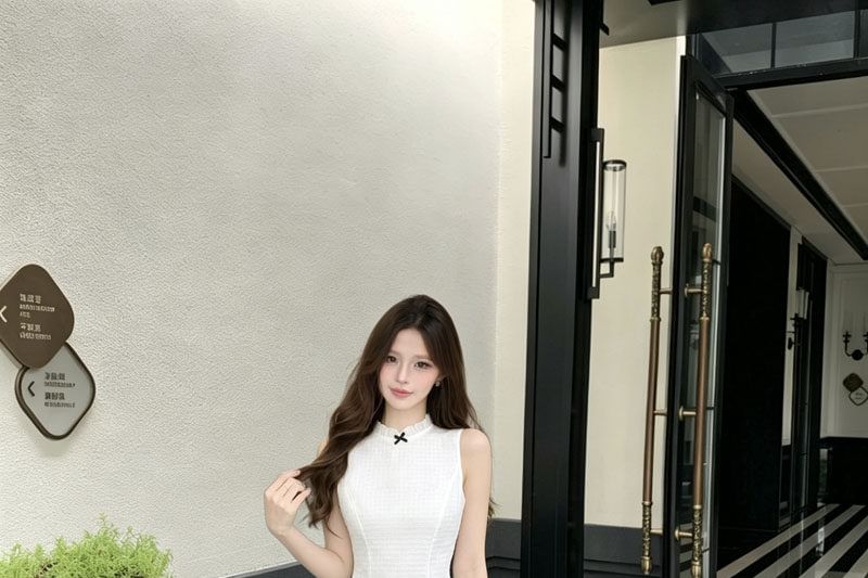 Sleeveless Mock Neck Plain Bow Ruffle Top / High Waist Plain Mini A-Line Balloon Skirt