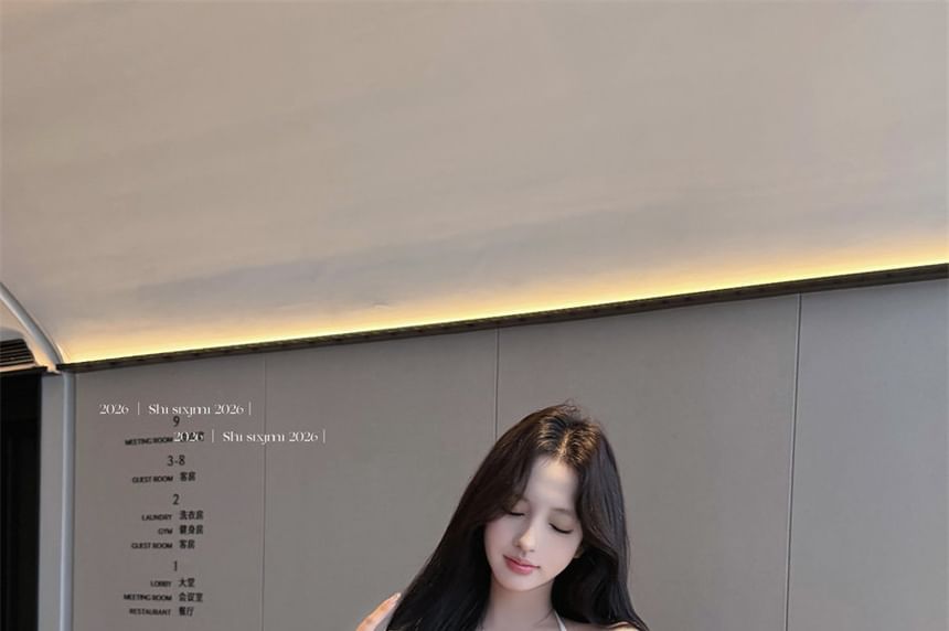 Short Sleeve Cold Shoulder Plain Bow Crop Top / High Waist Mini A-Line Skirt