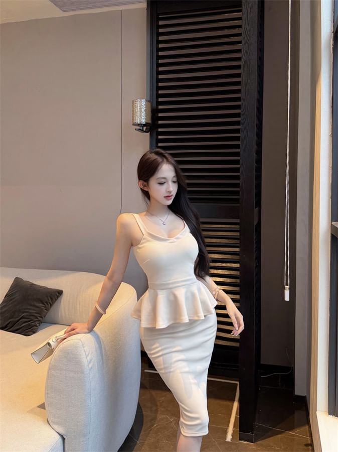 V-Neck Plain Peplum Camisole Top / High Waist Midi Pencil Skirt