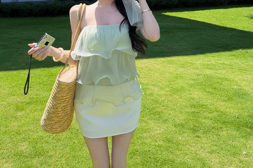 Plain Ruffle Tiered Mesh Tube Top / High Waist Plain Mini Pencil Skirt