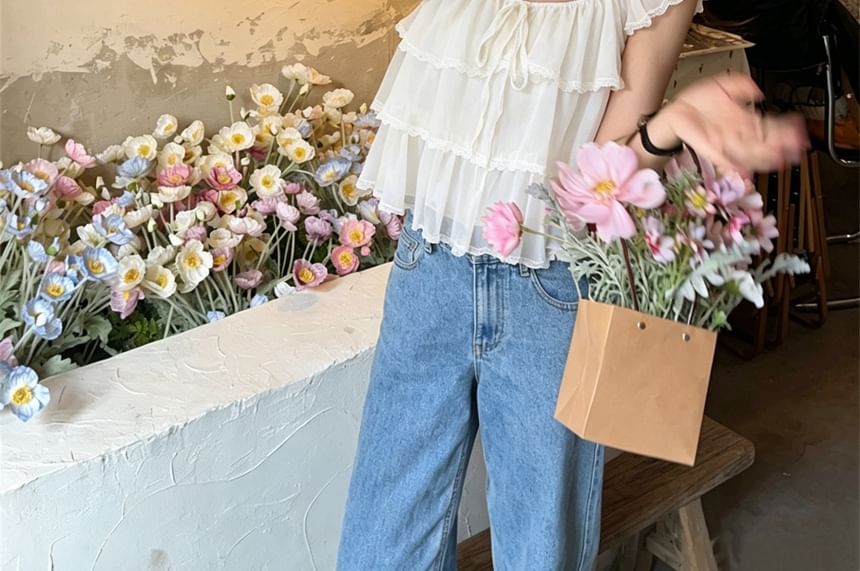 Cap-Sleeve Plain Lace Trim Ruffle Blouse