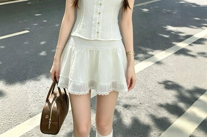 Puff-Sleeve Mock Neck Plain Ruffle Cutout Blouse / High Waist Lace Trim Mini A-Line Skirt