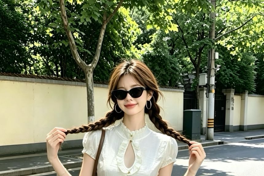 Puff-Sleeve Mock Neck Plain Ruffle Cutout Blouse / High Waist Lace Trim Mini A-Line Skirt