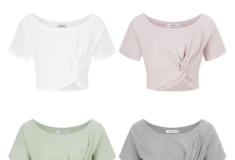 Short-Sleeve One-Shoulder Plain Knot Cropped T-Shirt