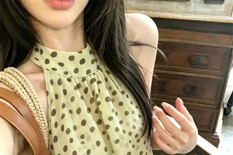 Halter Polka Dot Asymmetrical Blouse