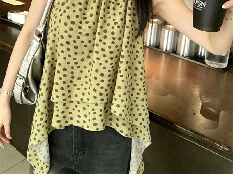 Halter Polka Dot Asymmetrical Blouse