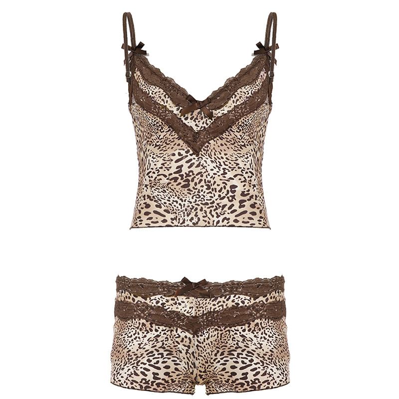 Set: Spaghetti Strap V-Neck Leopard Print Crop Camisole Top + Low Rise Shorts