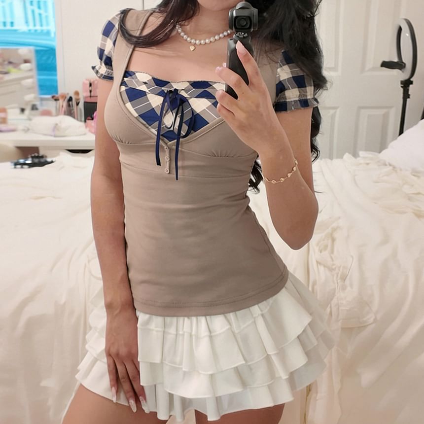 Short-Sleeve Square Neck Plaid Panel Mock Two Piece Top