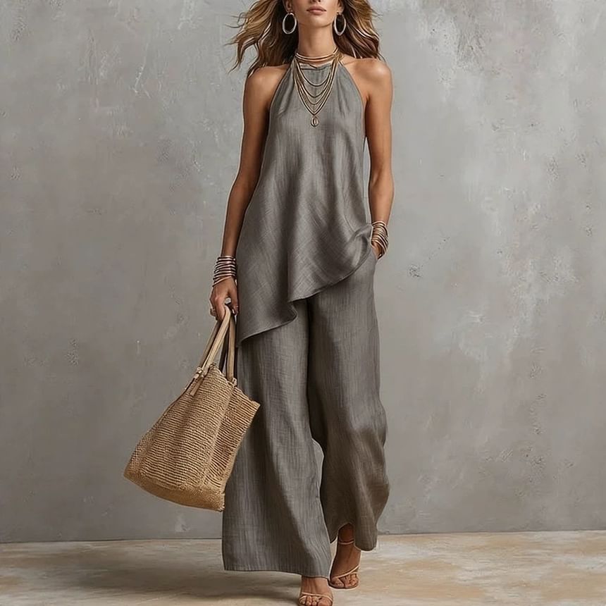Set: Plain Asymmetrical Camisole Top + High Waist Wide Leg Pants