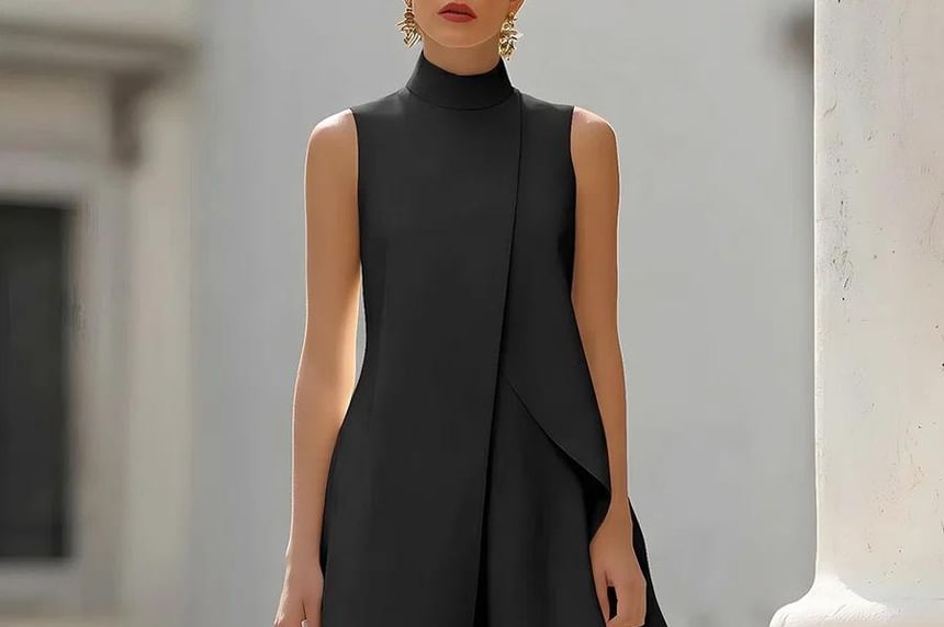 Set: Sleeveless Stand Collar Plain Asymmetrical Top + High Waist Wide Leg Pants