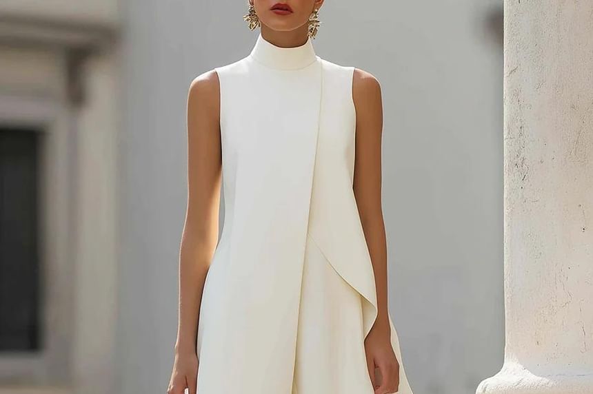 Set: Sleeveless Stand Collar Plain Asymmetrical Top + High Waist Wide Leg Pants