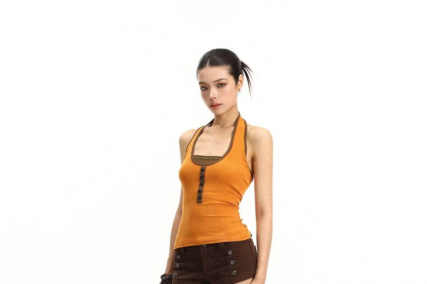 Mock Two-Piece Halter Neck Two Tone Lace Trim Crop Top