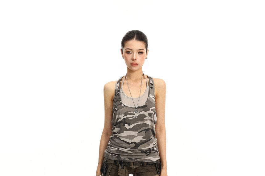 Mock Two-Piece Halter Neck Camo Print Racerback Top