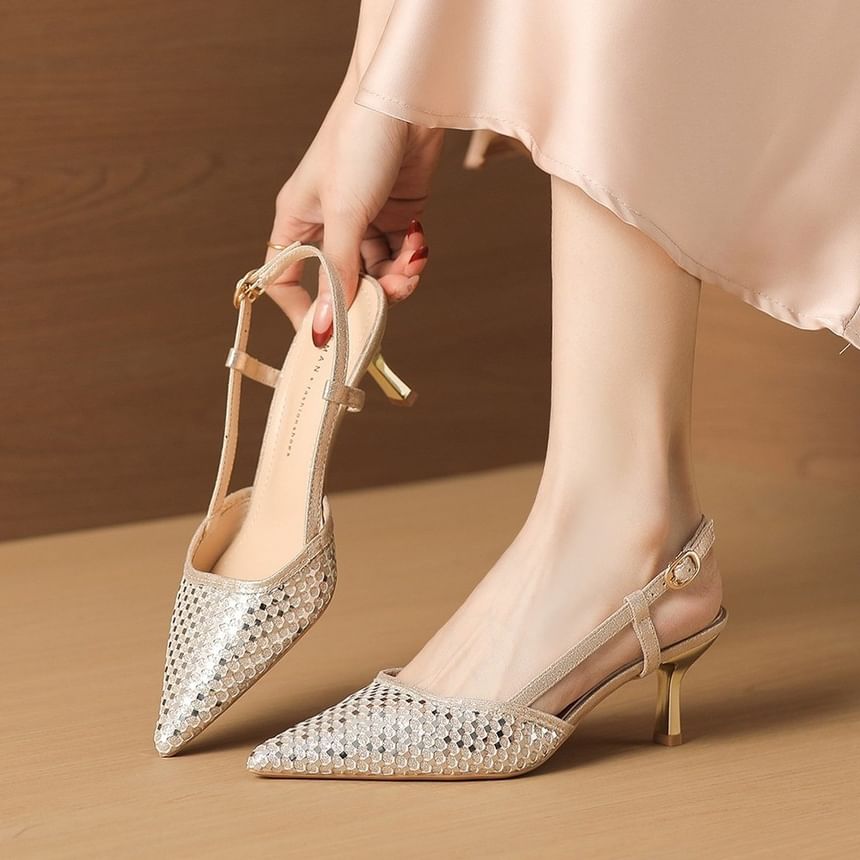 High Heel Pointed Glitter Mesh Slingback Sandals