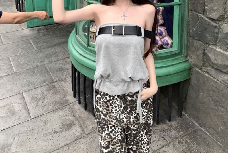 Strapless Plain Belted Tube Top / Mid Rise Leopard Wide Leg Pants