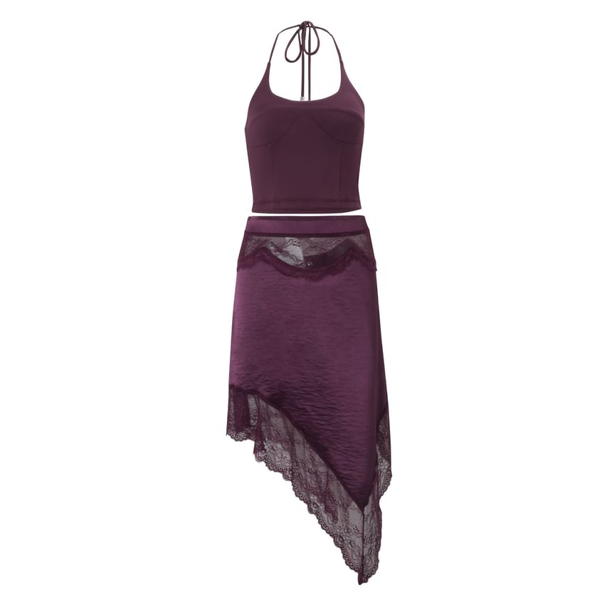 Halter Neck Slim-Fit Camisole Top with Lace Panel Mini Skirt