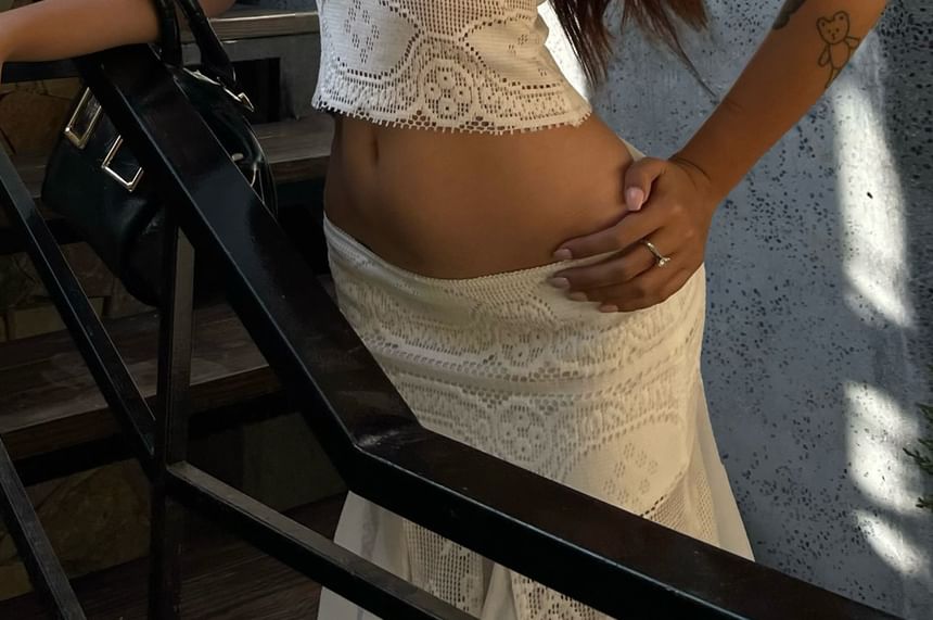 Square-Neck Lace Crop Tank Top with Mesh Panel Skirt