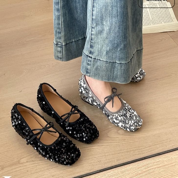 Square Toe Sequin Bow Hidden Wedge Mary Jane Shoes