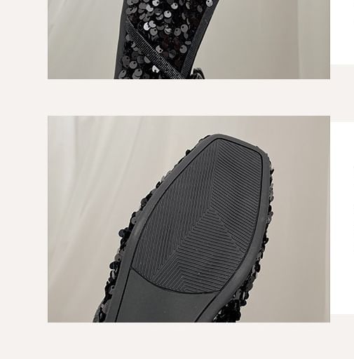 Square Toe Sequin Bow Hidden Wedge Mary Jane Shoes