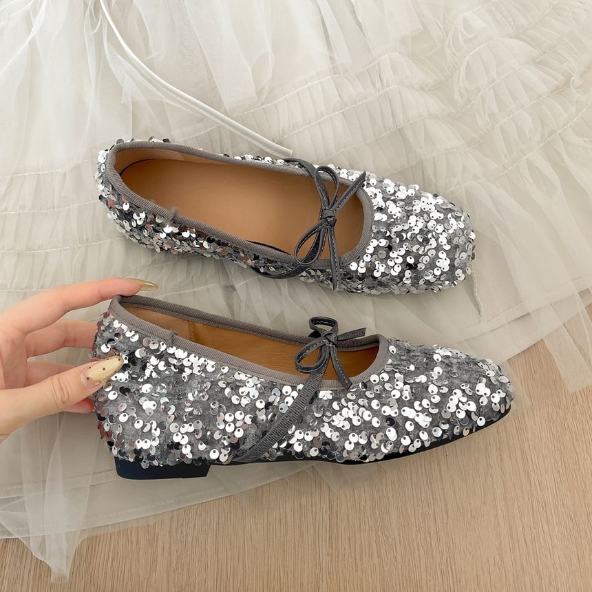 Square Toe Sequin Bow Hidden Wedge Mary Jane Shoes