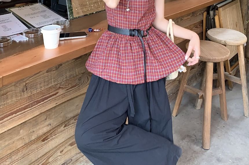 Set: Sleeveless Plaid Bow Peplum Blouse + Faux Leather Belt