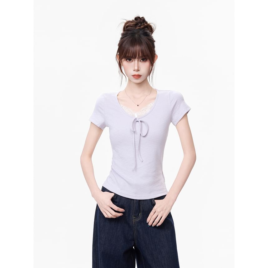 Short-Sleeve V-Neck Lace Trim Plain Top