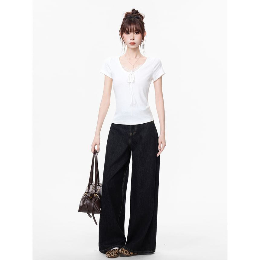 Short-Sleeve V-Neck Lace Trim Plain Top