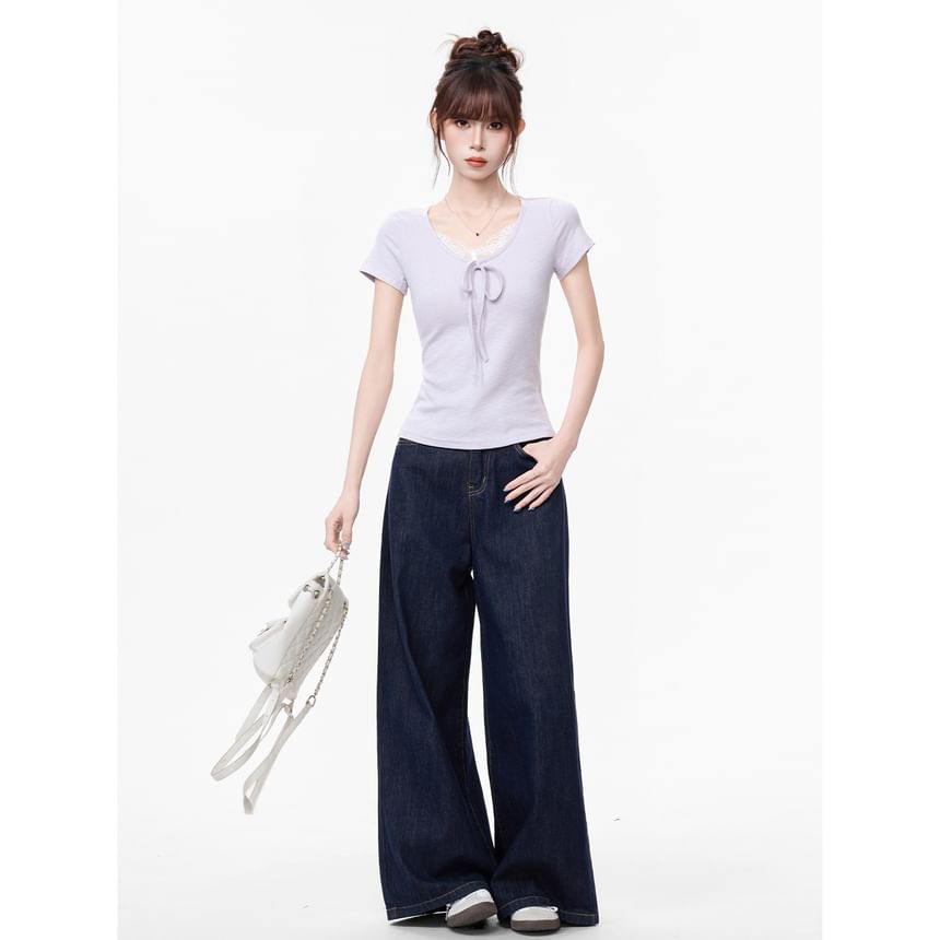 Short-Sleeve V-Neck Lace Trim Plain Top