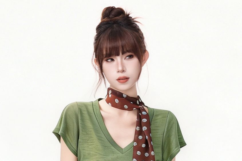 Short-Sleeve V-Neck Plain Top / Dotted Twilly / Set