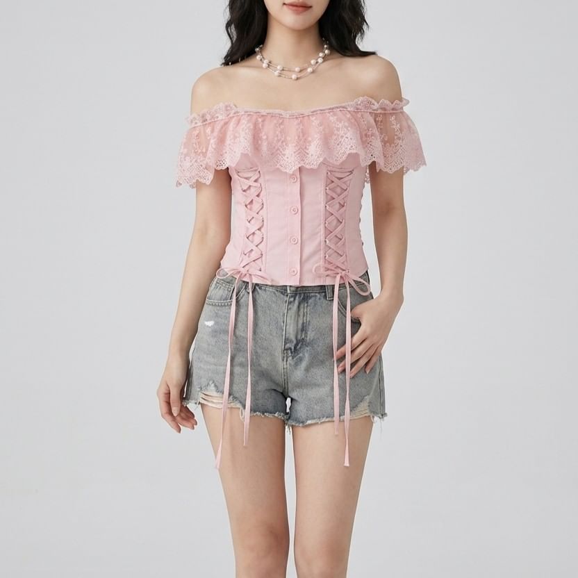 Lace Panel Cap-Sleeve Square Neck Lace-Up Crop Top