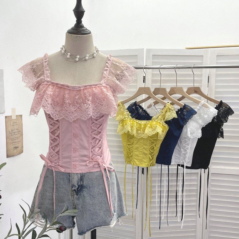 Lace Panel Cap-Sleeve Square Neck Lace-Up Crop Top