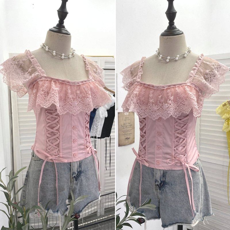 Lace Panel Cap-Sleeve Square Neck Lace-Up Crop Top