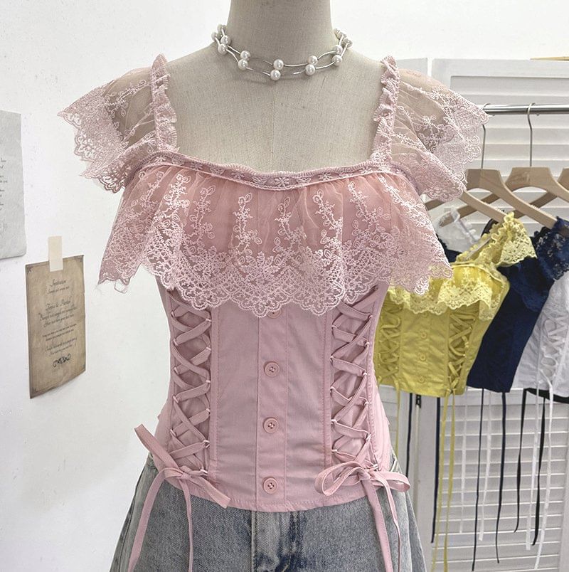 Cap-Sleeve Square Neck Lace-Up Crop Top