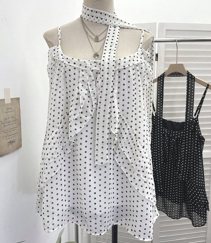 Set: Scoop Neck Polka Dot Ruffle Camisole + Scarf