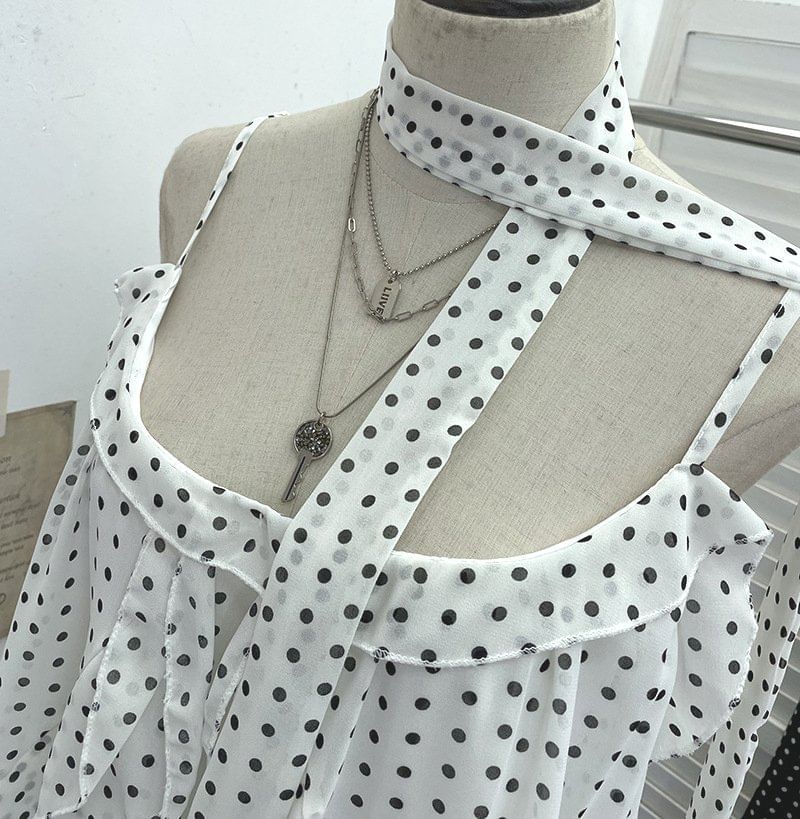 Set: Scoop Neck Polka Dot Ruffle Camisole + Scarf