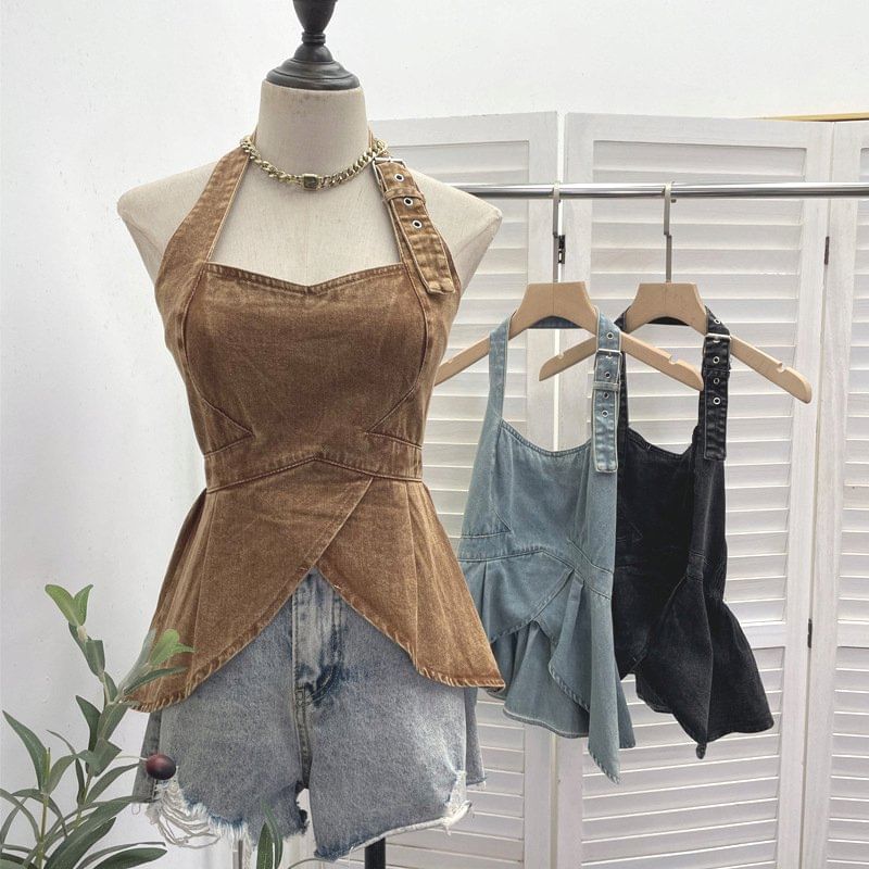 Buckled Open Back Denim Halter Crop Top