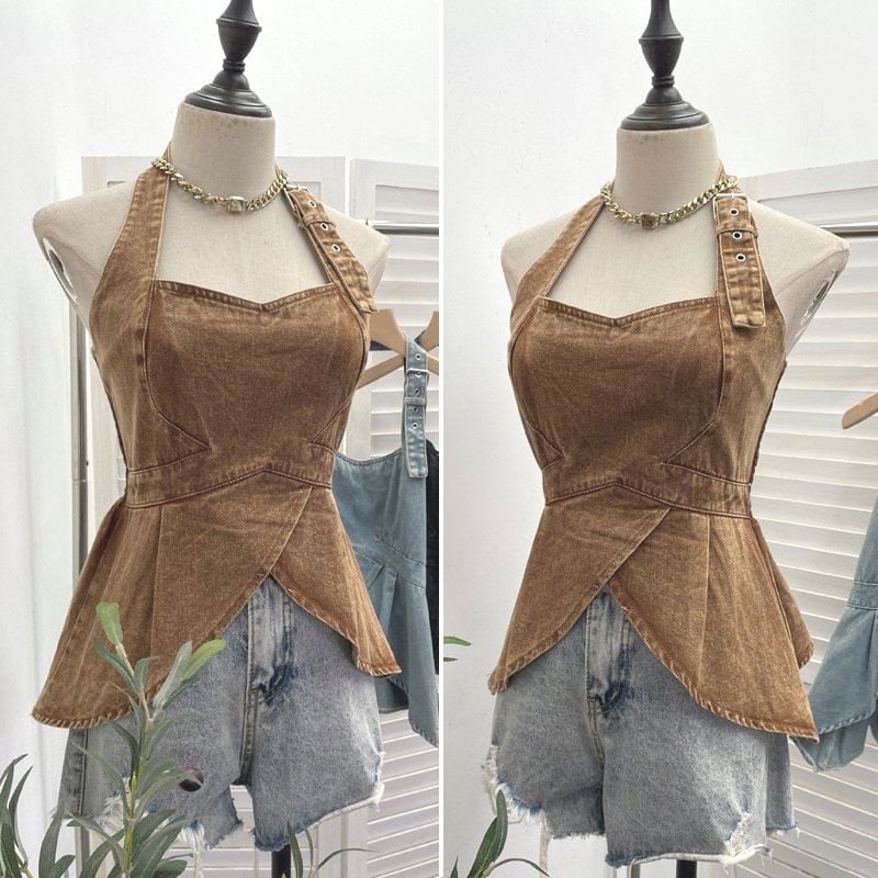 Buckled Open Back Denim Halter Crop Top